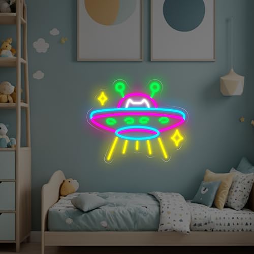 Image of UFO Neon Sign, UFO Cat Led Sign, Neon Led Wall Art, Game Room Neon Sign, Custom Neon Signs, Flying Saucer Bedroom Decor, Gift for Kids, 15.7 inchx13 inch