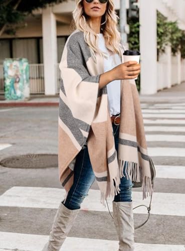 Image of Bestshe Women's Boho Open Front Poncho Plaid Shawl Wrap Cape | Tassel Cardigan Sweater, Cozy Layering, Fall Winter Clothes for Women