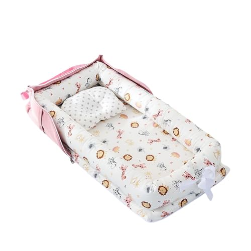 Apaeoflベッドインベッド 添い寝 ベビーベッド 新生児 折りたたみ式 枕付き 持ち運び 携帯型ベビーベッド 出産祝い 通気性 洗濯可能 0ヶ月〜 赤ちゃんとの添い寝に 寝返り制限 長く活用 安全 (動物界の粉末,84*45*12cm)