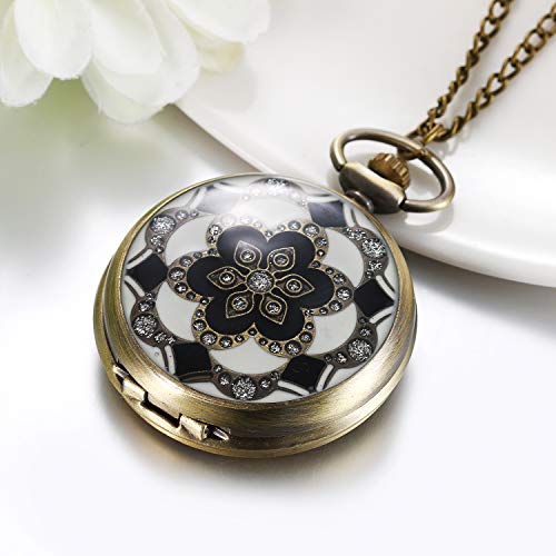 Image of JewelryWe Bronze Flower Pocket Watch: Retro Vintage Pendant Watch with Openwork Cover and 32.3 Inch Chain - for Men Women Daily Wear and Gift Giving
