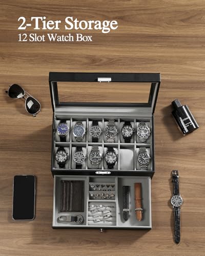 GUKA Watch Box 12 Slot Watch Display Organizer Leather Jewelry Case Drawer Glass Birthday for Men Women, Child Husband Dad4