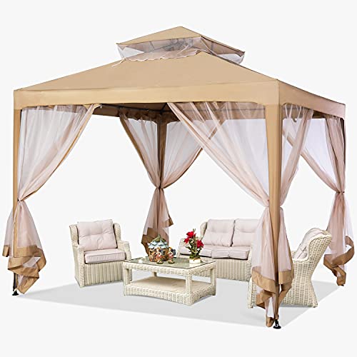 MASTERCANOPY Patio Gazebo 10'x10' Pop-Up Gazebo Tent Instant with Mosquito Netting Outdoor Gazebo Canopy Shelter with 100 Square Feet of Shade (Beige)