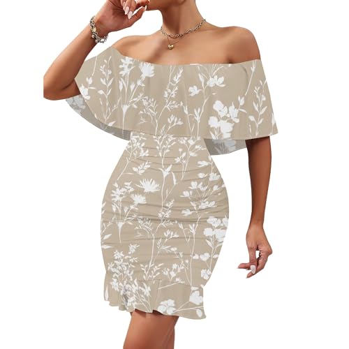 Image of PinkPatty Summer Mini Dress for Women Off Shoulder Ruffled Bodycon Dresses Short Beach Sundress