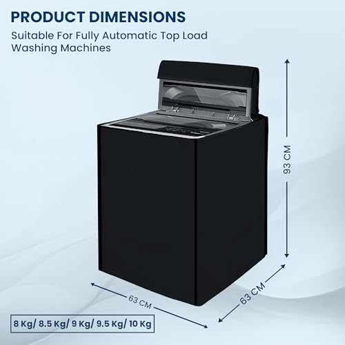 Image of Robustt Top Load Fully Automatic Washing Machine Cover for 8 Kg, 8.5 Kg, 9 Kg, 9.5 (Black) | Waterproof & Dustproof Polyester Fabric with Zipper | Protection Cover | 63 x 63 x 93 cms