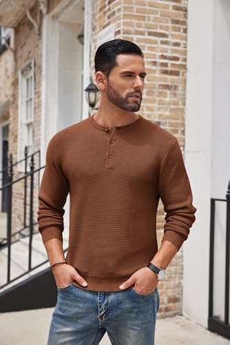 COOFANDY Men's Henley Knit Sweater Long Sleeve Button Pullover Sweater Casual Waffle Texture Fashion Henley Sweater2