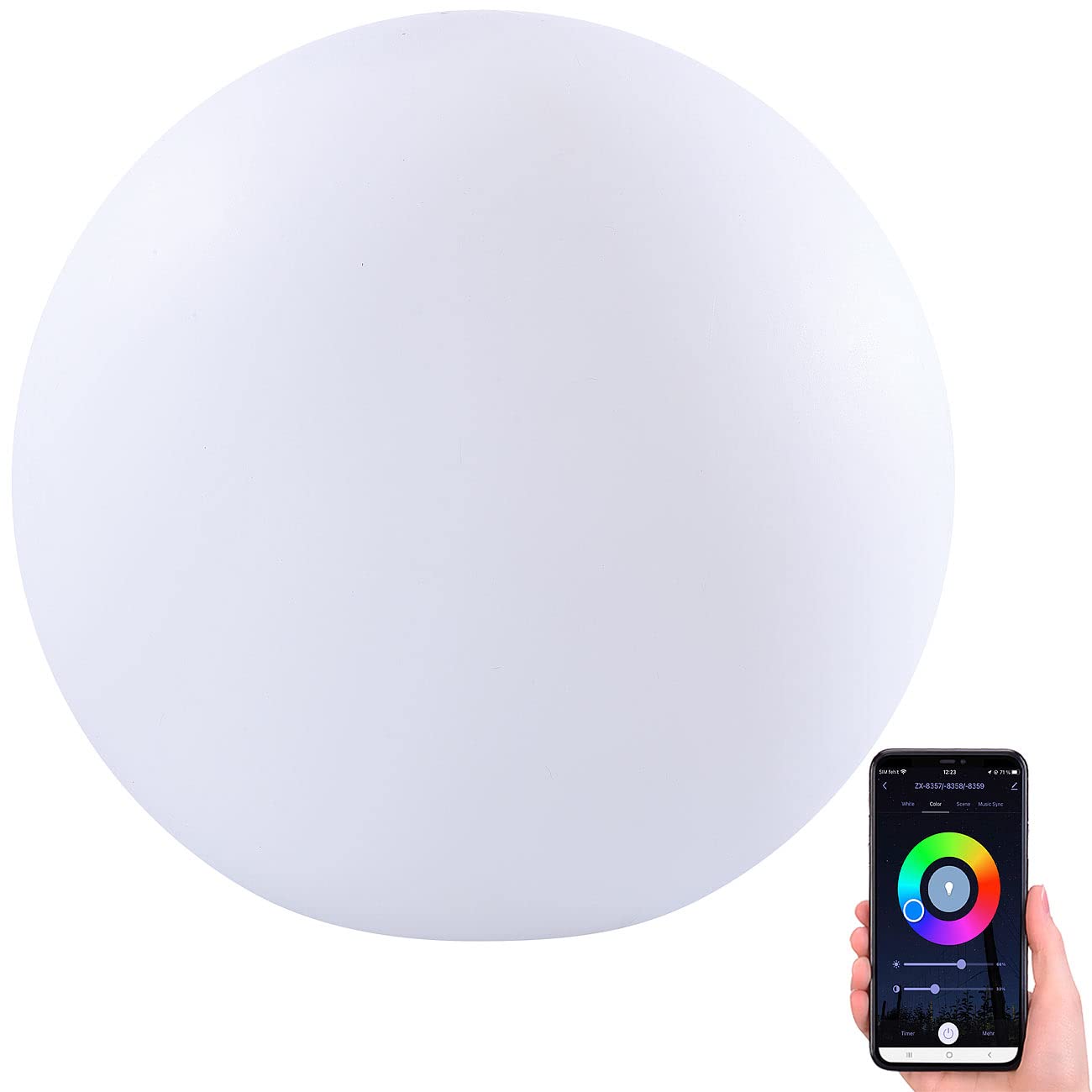 Luminea Home Control Leuchtkugeln: WLAN-Akku-Leuchtkugel mit RGBW-LEDs und App, 576 lm, IP54, Ø 30 cm (Gartenleuchte Kugel, WLAN-Akku-Leuchtkugeln RGBW, LED Tischleuchte Batterie)