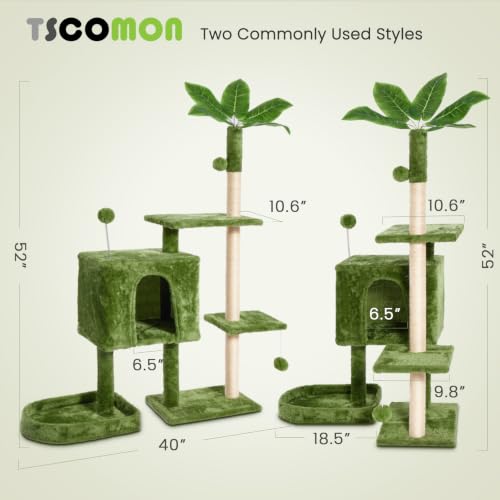 Image of 52inch Large Cat Tree Tower Condo with Hammock for Indoor Cats, Soft Plush Multi-Level Climbing Tree Cat House with Cat Cave, Scratching Post, Sisal Rope, Green