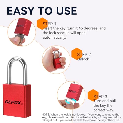 Image of SEPOX 4-Pack Heavy Duty Anti-Rust Padlocks - 1-1 /2 inch Aluminum Body | Lightweight spark-proof aluminum body. 1 inch Long Shackle fits thick gates. 6 keys. Red high-sec. For lockout, fence /storage