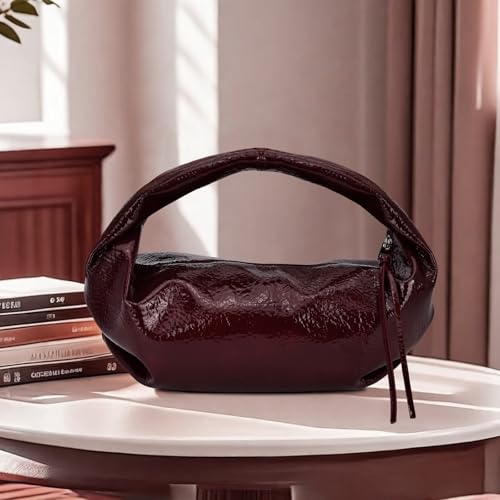 Image of Cloud Pouch Bag Women Shoulder Handbag Soft Zip Handbag Pleated Glossy Leather Hobo Mini Small Purses Ruched Cloud Bags (Burgundy)