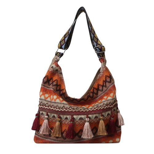 Umimiss Bolso de macramé azul – Bolsos de paja para mujer, bolso hippie, bolso bohemio, bolso cruzado étnico bohemio con borlas coloridas, bordado étnico tribal vintage, bandolera, hippie, Orange