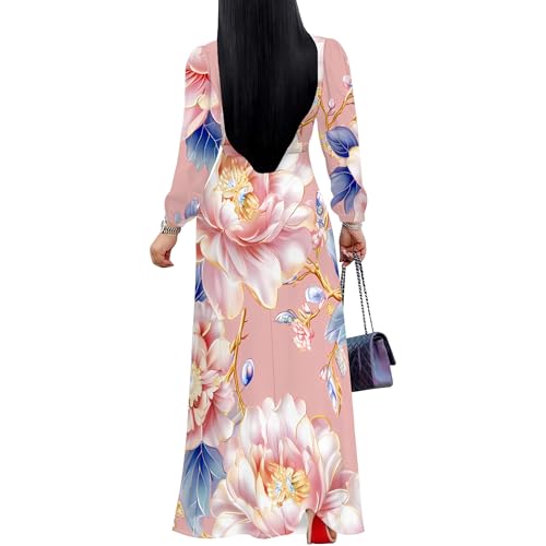 Image of Women Maxi Dresses Church Dress Floral Bohemian Long Sleeve Formal Wrap Boho Wedding Guest Pink Spring Clothes 2026