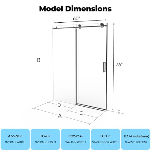 Image of Frameless Sliding Shower Door,56-60 in w x 76 in h Waterproof Glass Shower Door,1 /4 in Thick Tempered Clear Glass with Explosion-Proof Film,Handle and Seal Strip, Matte Black