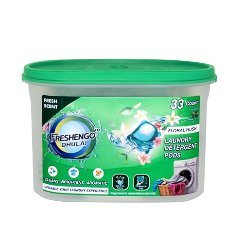 FRESHENGO Dhulai 3 Benefits in 1 Chamber Laundry Pods 33 Units of Dissolvable Detergent Capsules with Enzymatic Wash for Stain Removal, Fabric Care & Long Lasting Fragrance FRESHENGO Dhulai 3 Benefits in 1 Chamber Laundry Pods 33 Units of Dissolvable Detergent Capsules with Enzymatic Wash for Stain Removal, Fabric Care & Long Lasting Fragrance