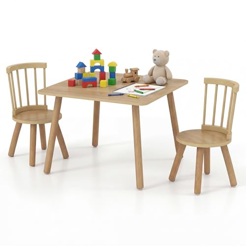COSTWAY Kids Table and Chairs, Wooden Children Activity Desk Chair Set with Curved Backrest, 3 PCS Toddler Table and Chair Set for Playroom, Daycare (Natural)