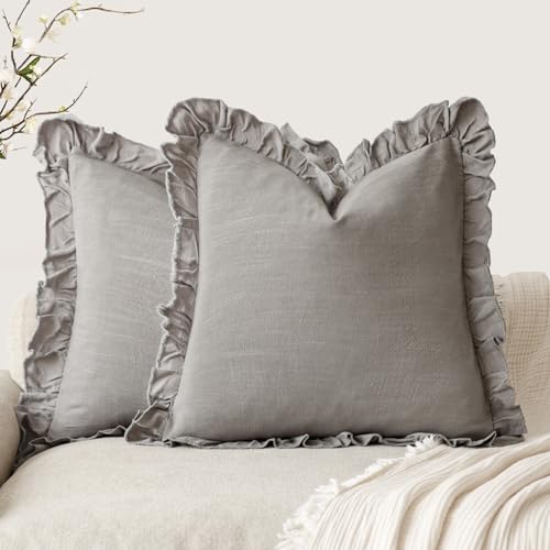 Image of Foindtower Set of 2 Decorative Linen Fringe Ruffle Throw Pillow Covers Soft Boho Farmhouse Cushion Cover Cozy Accent Retro Pillowcase for Couch Sofa Bed Living Room Home Decor,18x18 Inch,Taupe Gray