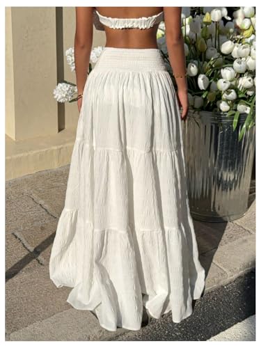 Women's Boho Tiered Ruffle Flowy Maxi Skirt Elastic High Waisted Summer Skirts3