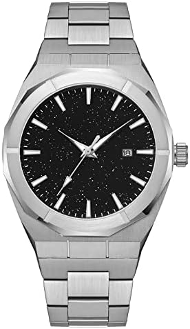 DROCUAMGOYA Men Fashion Analog Watch Matte Frosted/Polished Case Japan Quartz Stainless Steel/Leather Strap Star Dust Dial Casual Business Watch for Men Waterproof (Polish-Silver)