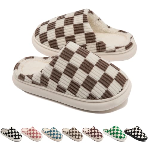 Image of Yueerlu House Slippers for Women Men, Fuzzy Checkered Mens Womens Slippers Warm Memory Foam House Shoes Indoor Outdoor with Faux Fur Lining