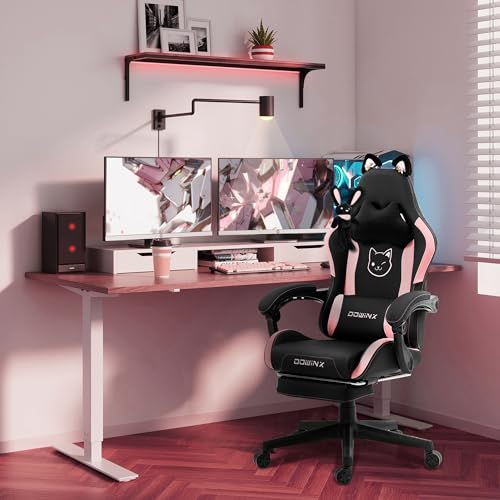 Dowinx Gaming Stuhl - Süße Katze Edition - Ergonomischer Computerstuhl mit Hoher Rückenlehne und Lendenwirbelstütze, PU-Leder, Fußstütze, Schwarz – Bild 3