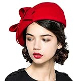 HIMESPORT Elegant Wool Felt Berets Fascinators Fedora Women Church Hats Ladies Bow Caps Wedding Pillbox Hat Wedding Chapeau Red