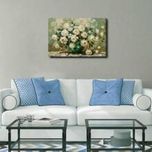 Toile fleurs blanches 70x90cm tableau prêt à suspendre cadre interne - 2