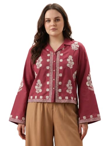 Image of Bee M Pee Designer Women's Embroidered Korean Crop Shirt | Full Bell Sleeves Western Tops for Woman Stylish | Oversized Formal /Casual /Office Wear Cotton Shirts Top for Women