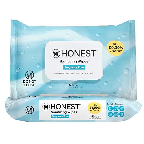 Image of The Honest Company Fragrance-Free Sanitizing Alcohol Wipes, Antibacterial, Safe for Hands Kills 99% of Germs, Made With Aloe, 100 Count, (2 Packs 50)
