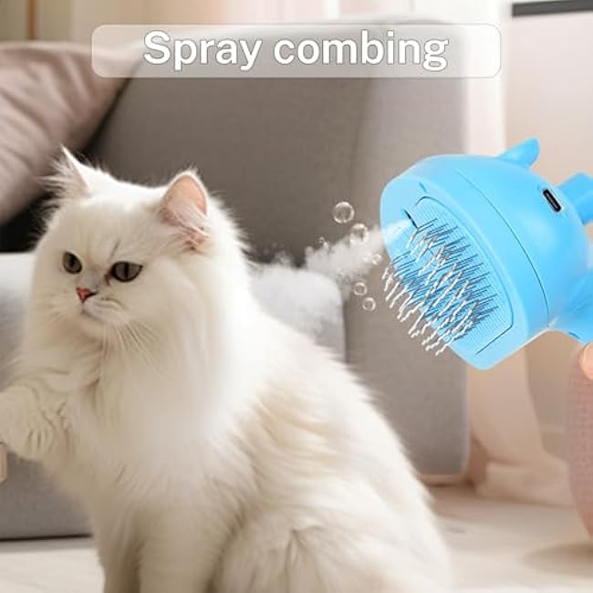5-in-1 Pet Steam Brush for Cats & Dogs ¨C Grooming, Shedding, Massage & One-Touch Clean for Short & Long Hair Pets ¨C Electric Cat Brush with Comb & Steam (Blue)-fjFajwKO