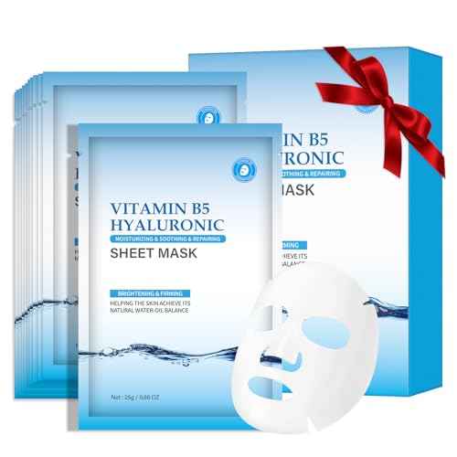 Pack of 10 Hyaluronic Acid Face Masks Skincare with Vitamin B5, Daily Care Face Sheet Mask Hydrating Moisturizing Facial Mask Beauty Face Mask for All Skin