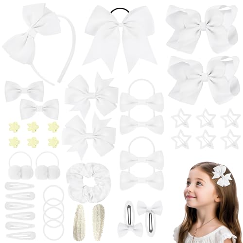 LOPHE Accesorios Pelo Niña, 77 Unidades Lazos Pelo Bebe, Horquilla de Lazo Set con Gomas Elástica, Clips, Pinzas de Estrella, Coleteros, Varios Estilos, Prendedores Pelo Niñas (Blanco)