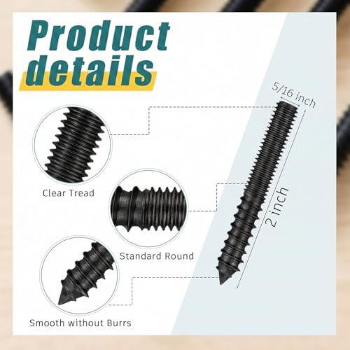 Image of Hicarer 20 Pack 5 /16-18 x 2 inch Hanger Bolts Double Headed Bolts with Driver Self Tapping Screw Threaded Rod Screws for Furniture Double Headed for Wood Furniture Joint, Black