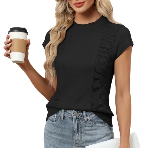 LOMON Women's Summer Cap Sleeve Knit Tops Mock Neck Business Casual Sweaters Lightweight Pullover Blouses