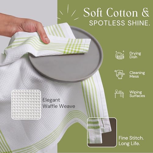 Image of Waffle White & Lemon Green 4 Pack Kitchen Towels, 100% Cotton, 16x26 inches, Everyday Use Dish Cloths Set, Durable and Absorbent Hand Towel, Ideal for Drying Dishes, DIY Embroidery