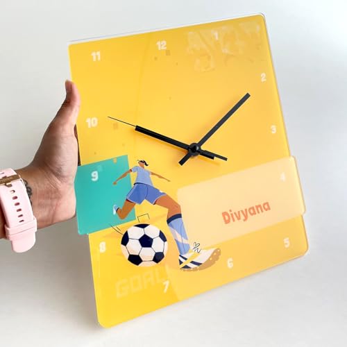 Image of Zooboo Personalized Analog Wall Clock, Custom Name Acrylic Silent Quartz Movement Wall Clock with Sleek Modern Design, Ideal for Birthdays (Design - Football Goals Girl), 30x30 cm, Multicolor