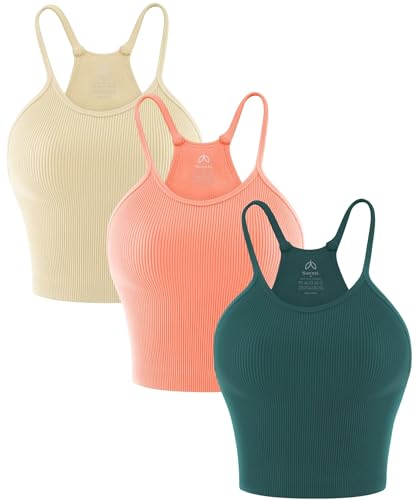 Sunzel Free to Be Tank, Ribbed Crop Tops for Women Summer Tank Tops Cute No pad Racerback Camisole Cropped Workout Gym Yoga Bbeige Coral Teal(3pcs) M