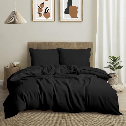 CHUFFED Leinen Bettwäsche 220×240 3teilig Bettwäsche-Sets 100% Naturleinen Bettwäsche-1 Bettbezug 220×240 cm + 2 Kissenbezug 80×80 cm mit Reißverschluss, Weich Atmungsaktiv, Schwarz