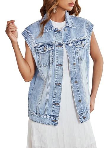 Floerns Women's Casual Flap Pocket Cap Sleeve Button Front Denim Vest Jacket