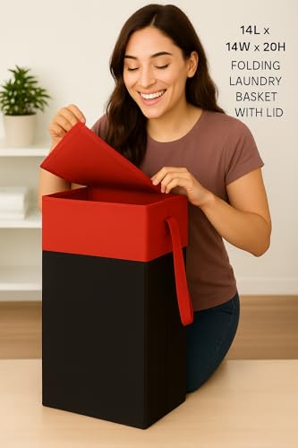 Image of Homerz Premium Folding Laundry Basket for Clothes with lid and handles, 24X17X47 inch size, Laundry Bag Cloth Basket Non Woven Laundry Bin Laundry Bags for Clothes Freestanding (Red)