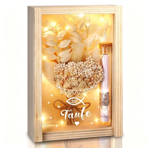 Taufe Geschenk, Geldgeschenk Taufe für Mädchen und Jungen, inklusive Getrocknete Blumen, Holzbox, Kunststoff Reagenzglas, Lichterketten, Geldgeschenke Verpackung (Beige)