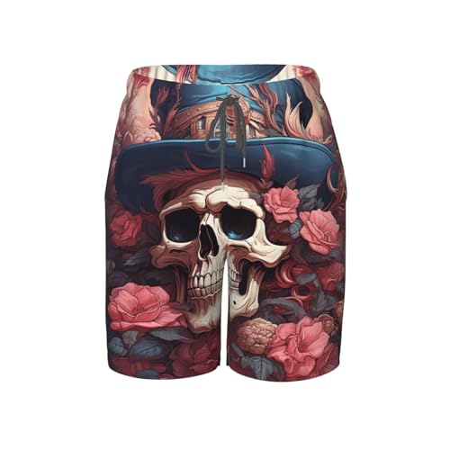 Boys Swim Trunks Beach Board Shorts Pockets Kids Youth Bathing Suits, Skull Captain Vintage Cool Flowers