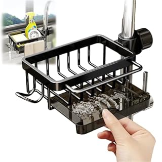 GCFTIFF Sink Organizer Rack for Kitchen and Bathroom, 2024 New Stainless Steel Detachable Hanging Faucet Drain Rack with Drip Tray Faucet Sponge Holder for Bathroom, Scrubbers, Soap (Black, Left)