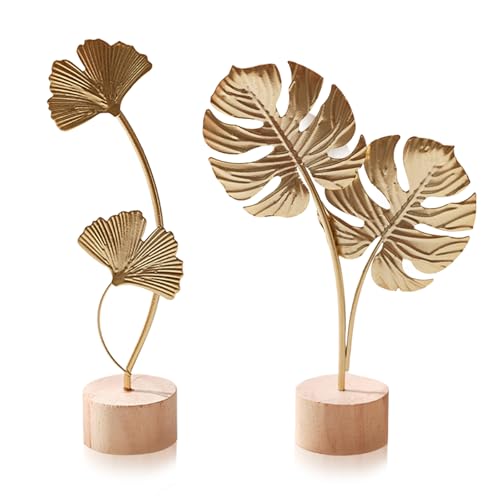 Tarqite 2 Stück Ginkgoblatt Statue Deko, Kreative Ginkgo Leaf Statue, Blatt Metallskulptur, Gold Desktop Skulptur Deko für Home, Büro, Schlafzimmer, Wohnzimmer, Weihnachtsdeko (A)