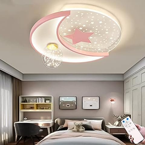 Children's Room Ceiling Lamp Modern LED Ceiling Light with Remote Control Kindergarten Lamp Creative Dimmable Acrylic Star Moon Ceiling Lighting Boys Girls Bedroom Living Room Chandelier (Pink,50CM) Cover