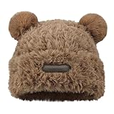 Cute Fuzzy Bear Ear Beanie Hat for Women Skin-Friendly Plush Warm Woolen Hat Winter Faux Fur Animal Knitted Hat Cap (Khaki)