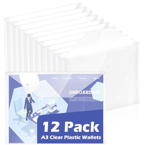 12 Pack A3 Clear Plastic Wallets Transparent A3 Press Stud Wallets Document Holder Waterproof Plastic Wallet Folder Envelope Folders Landscape Document Organizer for Office School Home