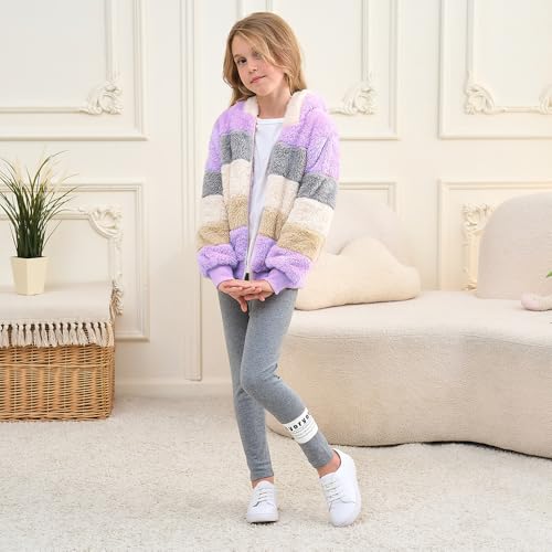 Image of Girls Zip up Hoodie Kids Fuzzy Fleece Jacket with hood Fall Winter Contrast color Pullover Sweatshirt 4-14 Years