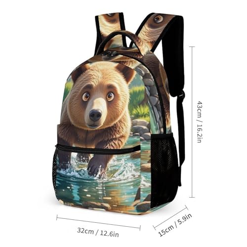 Bear Crossing The River Cartoon Backpack Set 3 Piece, Durable Backpack Insulated Lunch Bag Portable Pencil Case for Men Women2