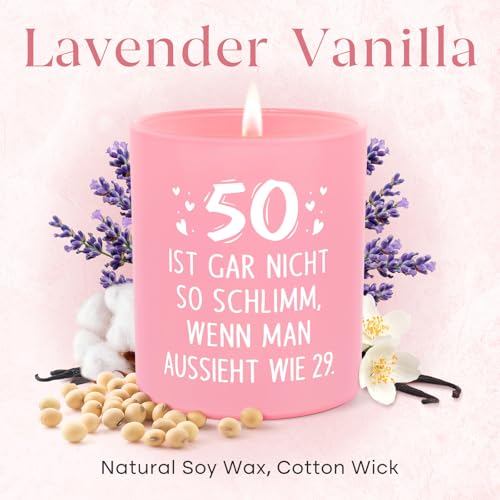 Craftique 50 Geburtstag Frauen, Dekorative 10OZ Duftkerze mit Holzdeckel, Rosa, Geschenk Geburtstag Frau, Geburtstagsgeschenk für Frauen, Freundin, Schwester, Kollegin (50. Geburtstag)