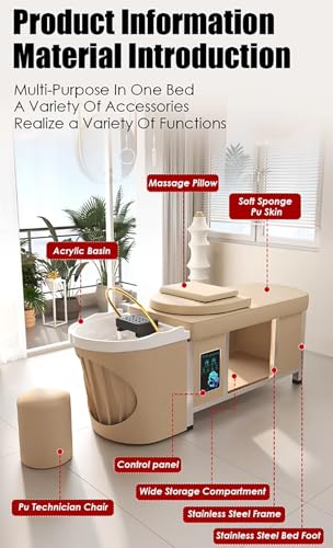 Image of Salon Equipment,Water Cycle Head Treatment Bed,Shampoo Bowl and Pedicure Chair with Foot Bathtub Salon Beauty Bed,Beige