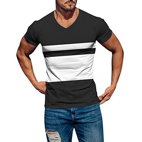 Camiseta de manga corta para hombre de verano, cuello en V, de algodón, con estampado de bloques de color, cuello en V, para entrenamiento muscular, fitness, Negro , XXL Cover